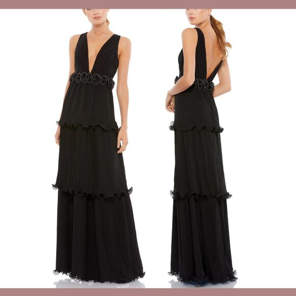 NWT $398 IEENA Mac Duggal [ 4 ] Rosette Ruffle Layered Rosette Dress Gown black‎ - Picture 2 of 14
